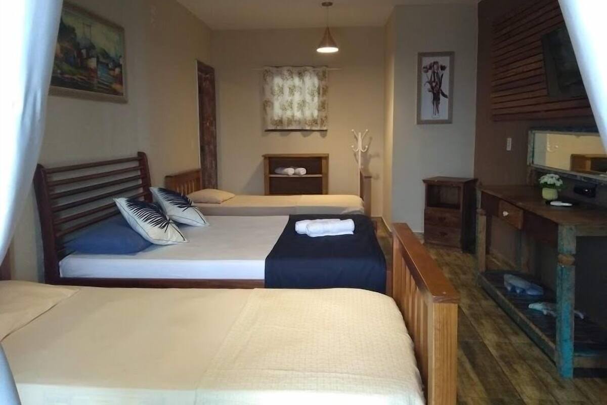 A room with two beds, a wooden desk, a television, and a painting on the wall.