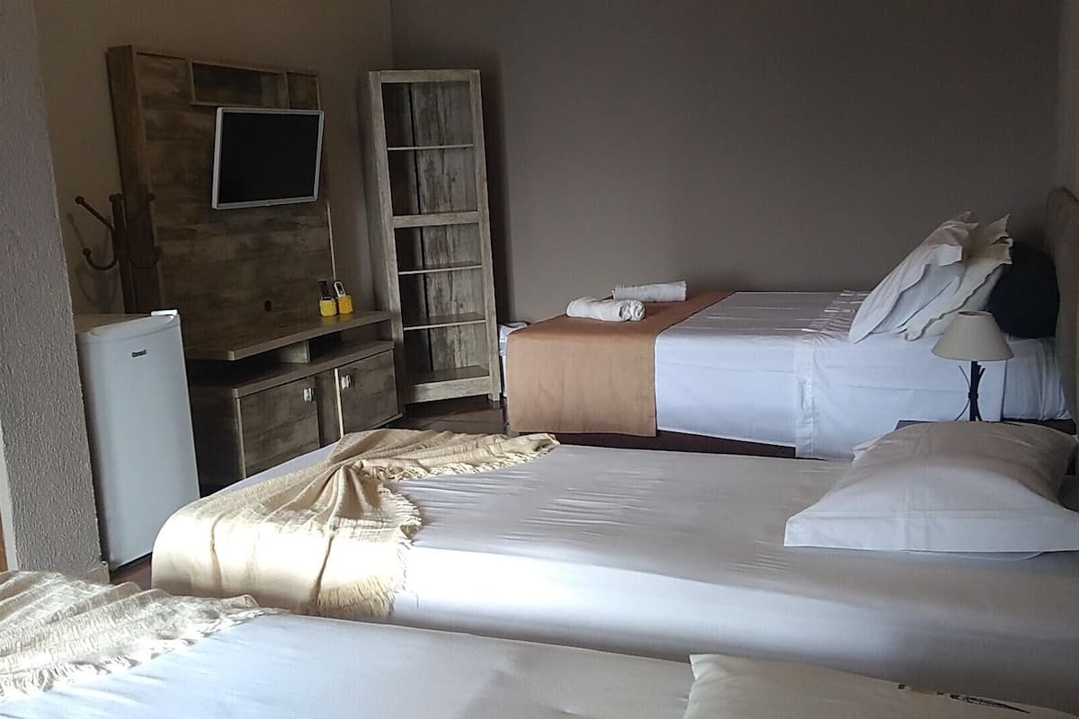 A hotel room with two beds, a small desk, a wardrobe, and a television.