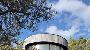 Un edificio moderno y circular con amplios ventanales, rodeado de rocas y árboles.
