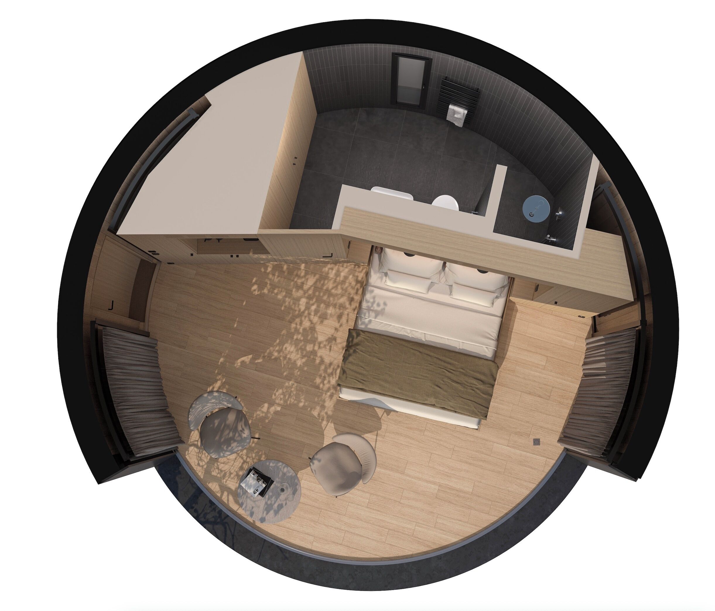 Planta circular de um quarto de hotel, com cama, um pequeno espaço para sentar, banheiro e cozinha compacta.