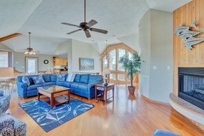 TV, fireplace, DVD player, foosball