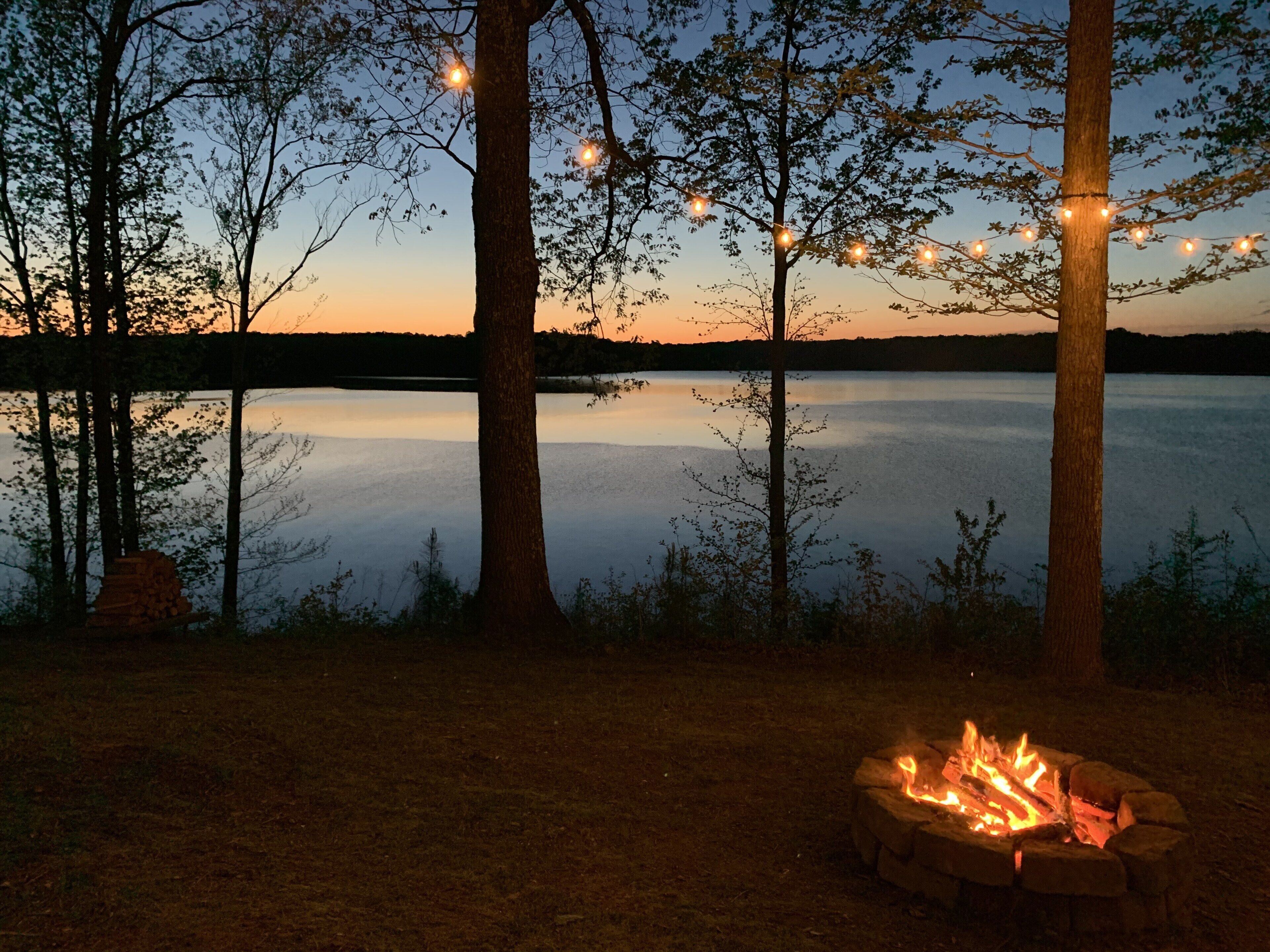A lakeside view with trees, a fire pit, and string lights.