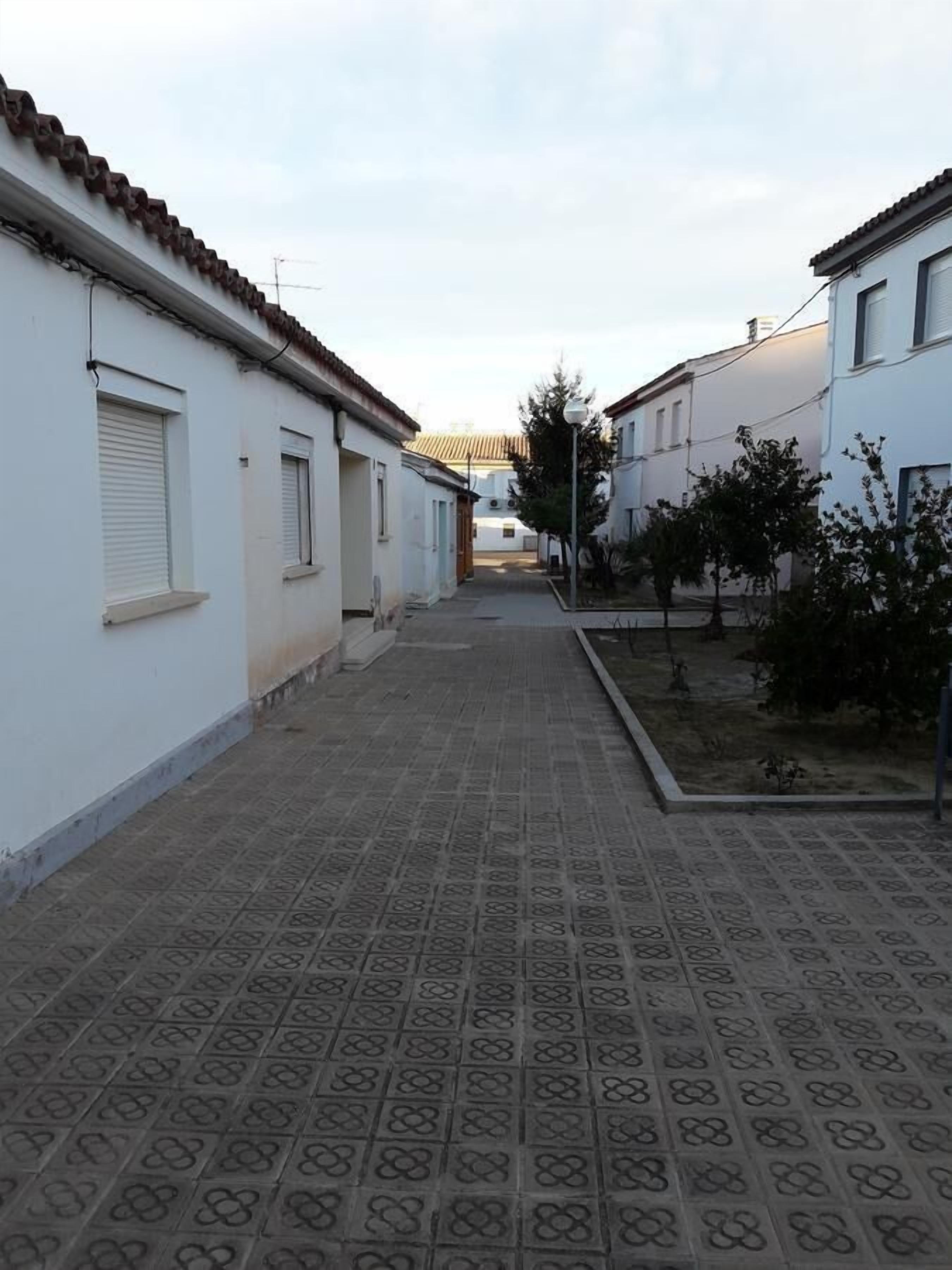 Un sendero estrecho y pavimentado entre edificios blancos con techos de tejas y ventanas pequeñas.