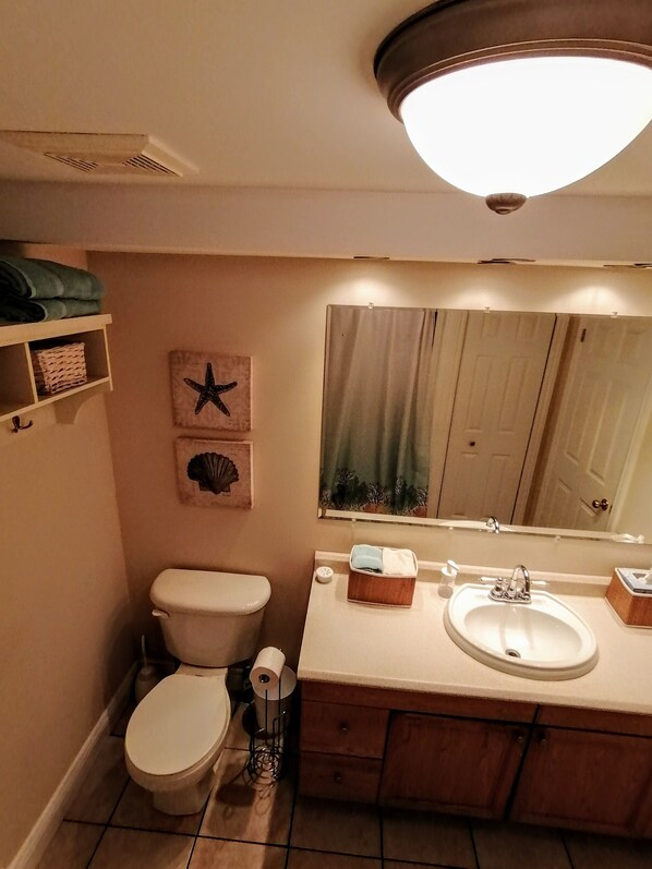 A bathroom with a toilet, sink, and mirror. There are starfish decorations on the wall and a shelf with folded towels. - Bay of Fundy ,Cobequid Bay, Steps to the beach in the Cliffs of Fundy Geopark (Economy)