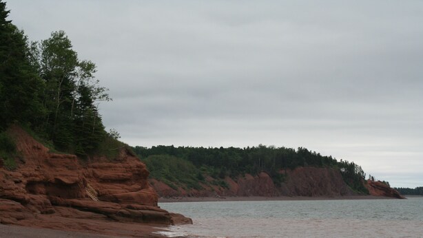 A coastal landscape with rocky cliffs and a beach. - Bay of Fundy ,Cobequid Bay, Steps to  the beach in  the Cliffs of Fundy Geopark (Economy)