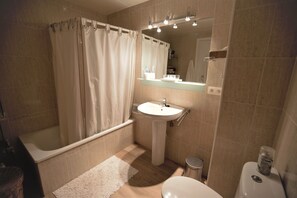 Combined shower/tub, hair dryer, bidet, towels