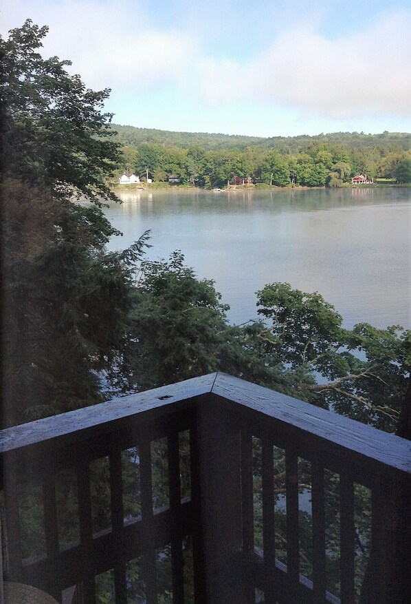 A lake with a wooden deck in the foreground, surrounded by trees and houses in the background.