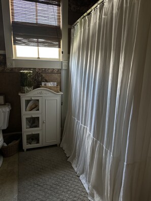 Ducha y bañera combinadas, secador de pelo, toallas y jabón