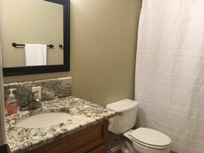 Combined shower/bathtub, hair dryer, towels