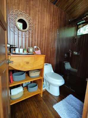 Shower, towels, soap, toilet paper