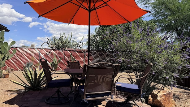 Un patio al aire libre con mesa y sillas, un paraguas grande color naranja, y cactus y plantas con flores.