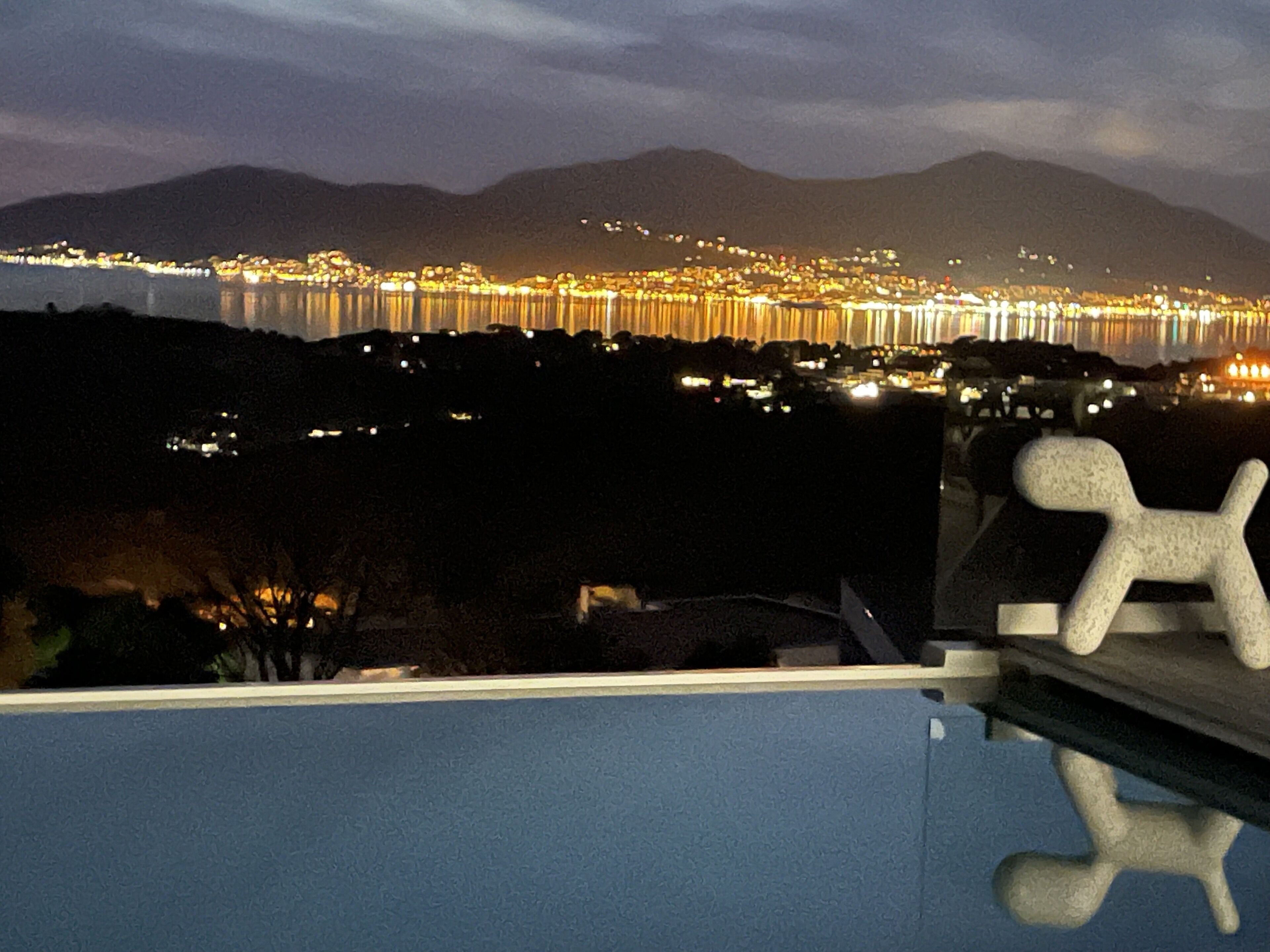 Une vue nocturne d’une ville, avec un plan d’eau et des montagnes en arrière-plan.