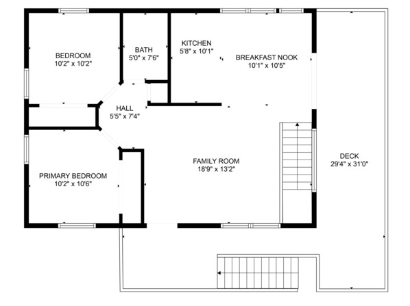 Plan d’étage d’une maison comprenant une chambre (3,10 m x 3,10 m), une salle de bain (1,52 m x 2,29 m), une cuisine (1,73 m x 3,08 m), un coin repas (3,08 m x 3,18 m), un salon (5,72 m x 4,01 m), une chambre principale (3,10 m x 3,20 m), un couloir (1,65 m x 2,24 m) et une terrasse (8,95 m x 9,45 m).