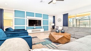 Smart TV, video games, DVD player, foosball