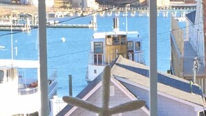 Un puerto deportivo con barcos amarrados, una decoración con estrella de mar y edificios al fondo.