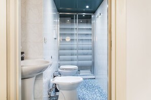 Shower, hair dryer, bidet, towels