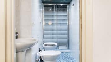 Shower, hair dryer, bidet, towels
