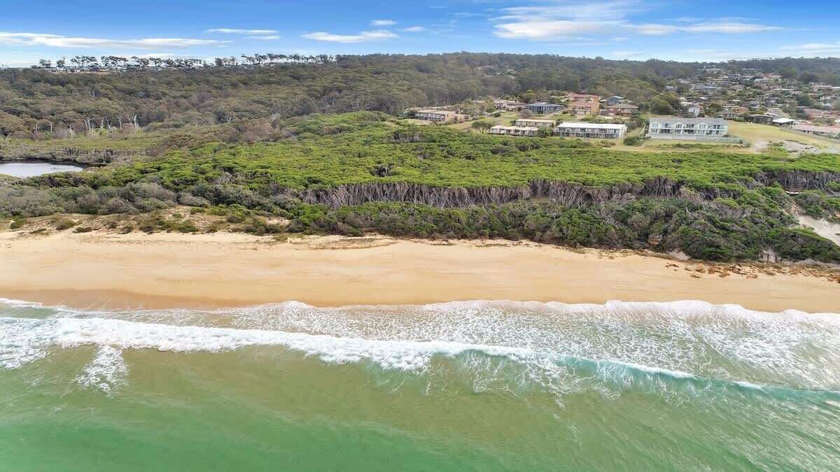 A coastal landscape with a sandy beach, ocean waves, and a forested hill with buildings.