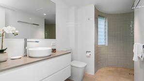 Shower, hair dryer, towels