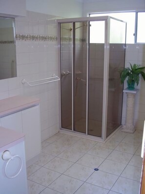 A bathroom with a shower enclosure, a toilet, and a sink.