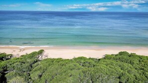 A beach with clear water and green vegetation in the foreground. - Quarterdeck 3 (Tura Beach)