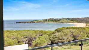 A coastal view with a beach, greenery, and a distant settlement. - Quarterdeck 3 (Tura Beach)