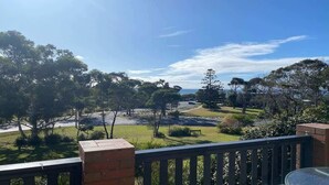 A balcony with a view of a park, trees, and a road.