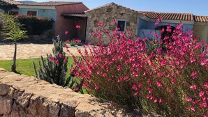 A stone house with a tiled roof, surrounded by a garden with pink flowers and a stone wall. - Budoni Villetta EDDY between sea and nature (budoni)