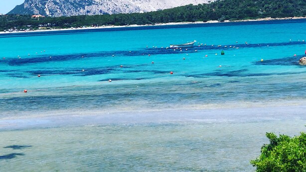 A coastal landscape with a mountain, clear blue sea, and a boat. - Budoni Villetta EDDY between sea and nature (budoni)