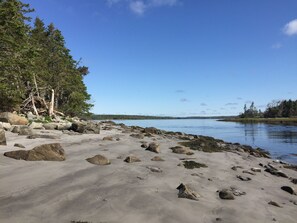A beach with large rocks and trees.