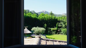 A window view of a garden with a stone pathway, a thatched-roof structure, and lush greenery. - Prestige 5 star villa  (Saint-Rémy-de-Provence)