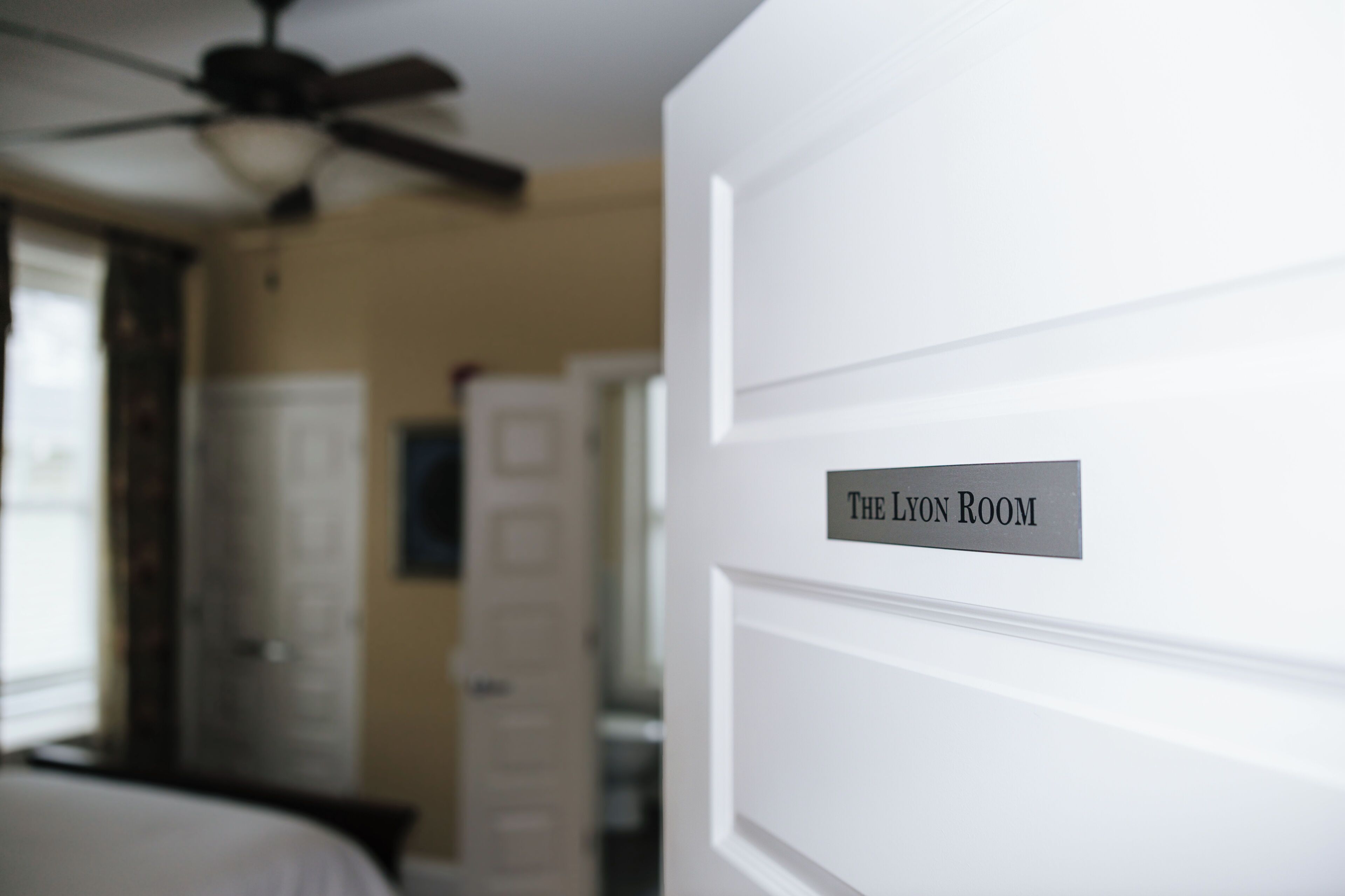 Ein Hotelzimmer mit Deckenventilator, einem Bett, einem Nachttisch und einer Tür mit der Aufschrift 'The Lyon Room'.
