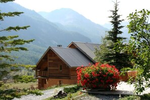 A wooden cabin with a sloped roof, surrounded by a garden with red flowers, set against a mountainous backdrop. - L'Aoùro  Hameau des Chazals Nevache Hautes Alpes (Névache)