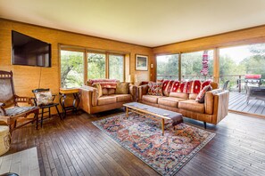 Smart TV, chimenea, libros y biblioteca musical