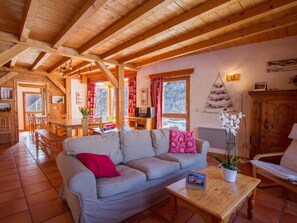 Télévision, cheminée, lecteur de DVD, chaîne hi-fi