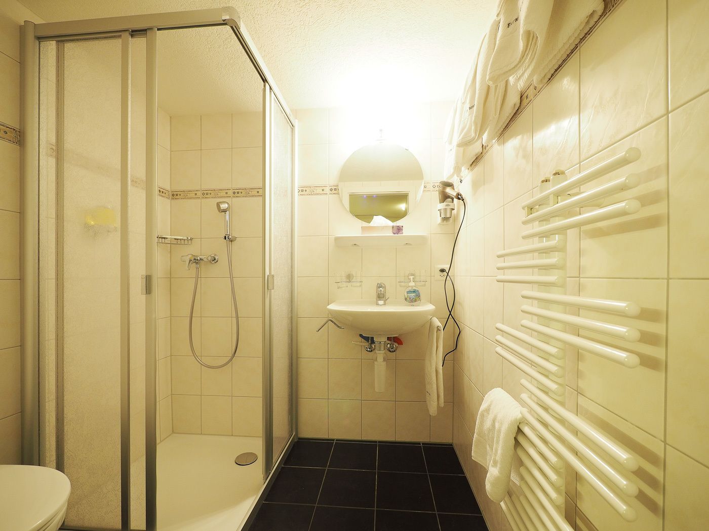 Apartamento tradicional, cocina, vistas a la montaña (A) | Baño | Ducha, secador de pelo, zapatillas y toallas