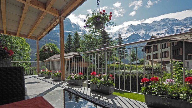 Un espacio al aire libre cubierto con una mesa de vidrio que refleja el cielo y las montañas, rodeado de plantas en macetas y una pérgola de madera.
