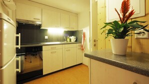 Cocina compacta con gabinetes blancos, horno empotrado y una encimera con una planta en maceta.
