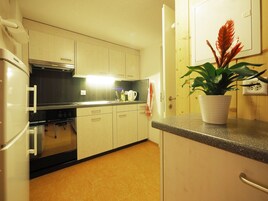 Cocina compacta con gabinetes blancos, horno empotrado y una encimera con una planta en maceta.