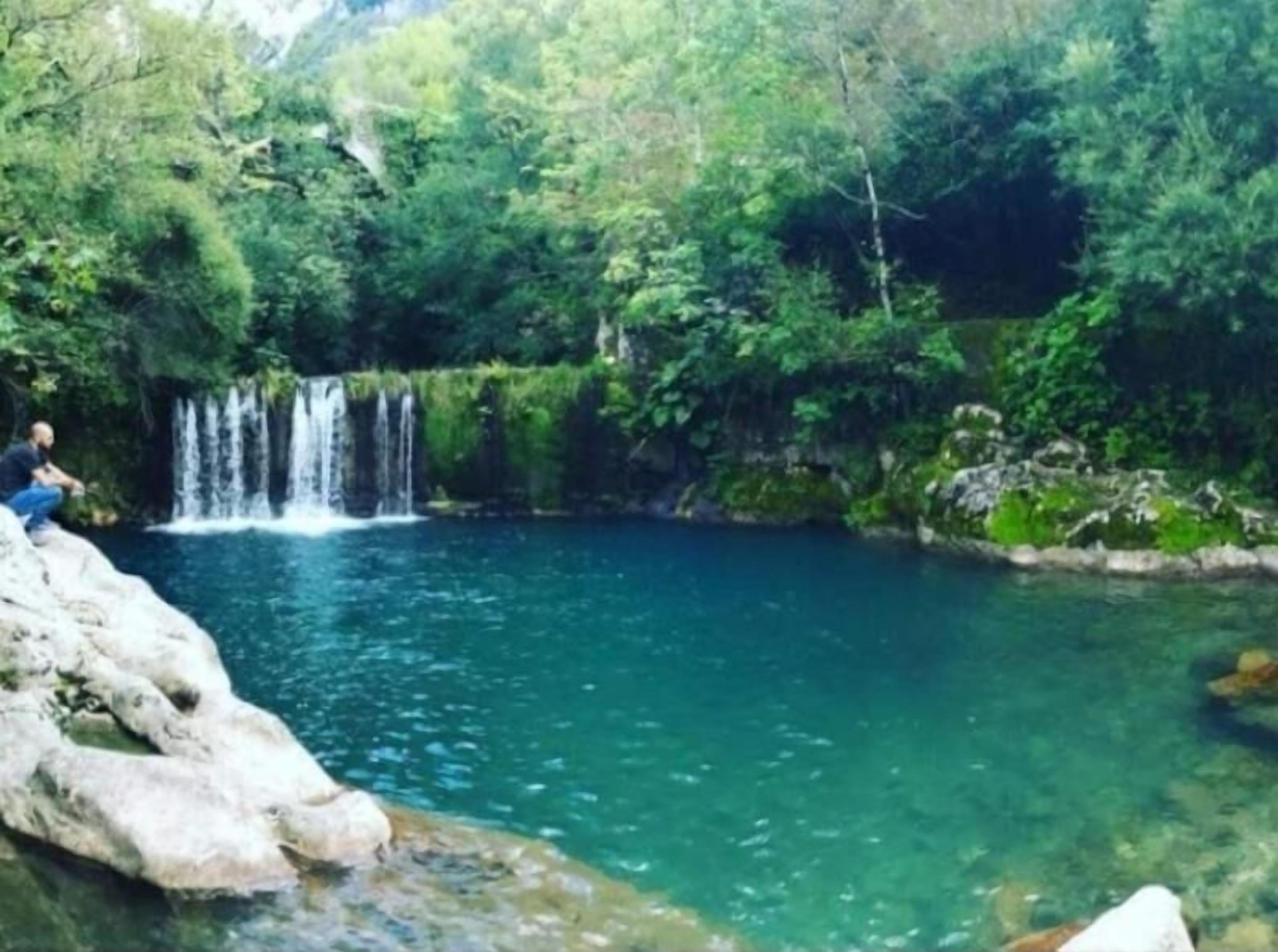 A natural setting with a waterfall, clear water, and dense greenery.