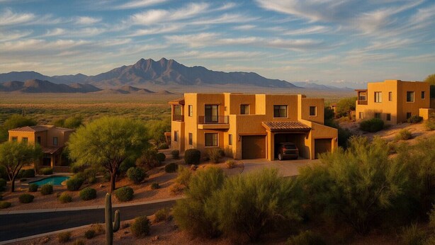 Une maison moderne à deux étages avec une piscine, entourée d’une végétation désertique et avec des montagnes en arrière-plan.