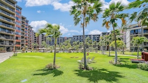 A well-maintained courtyard with palm trees, a lawn, and a pool area.