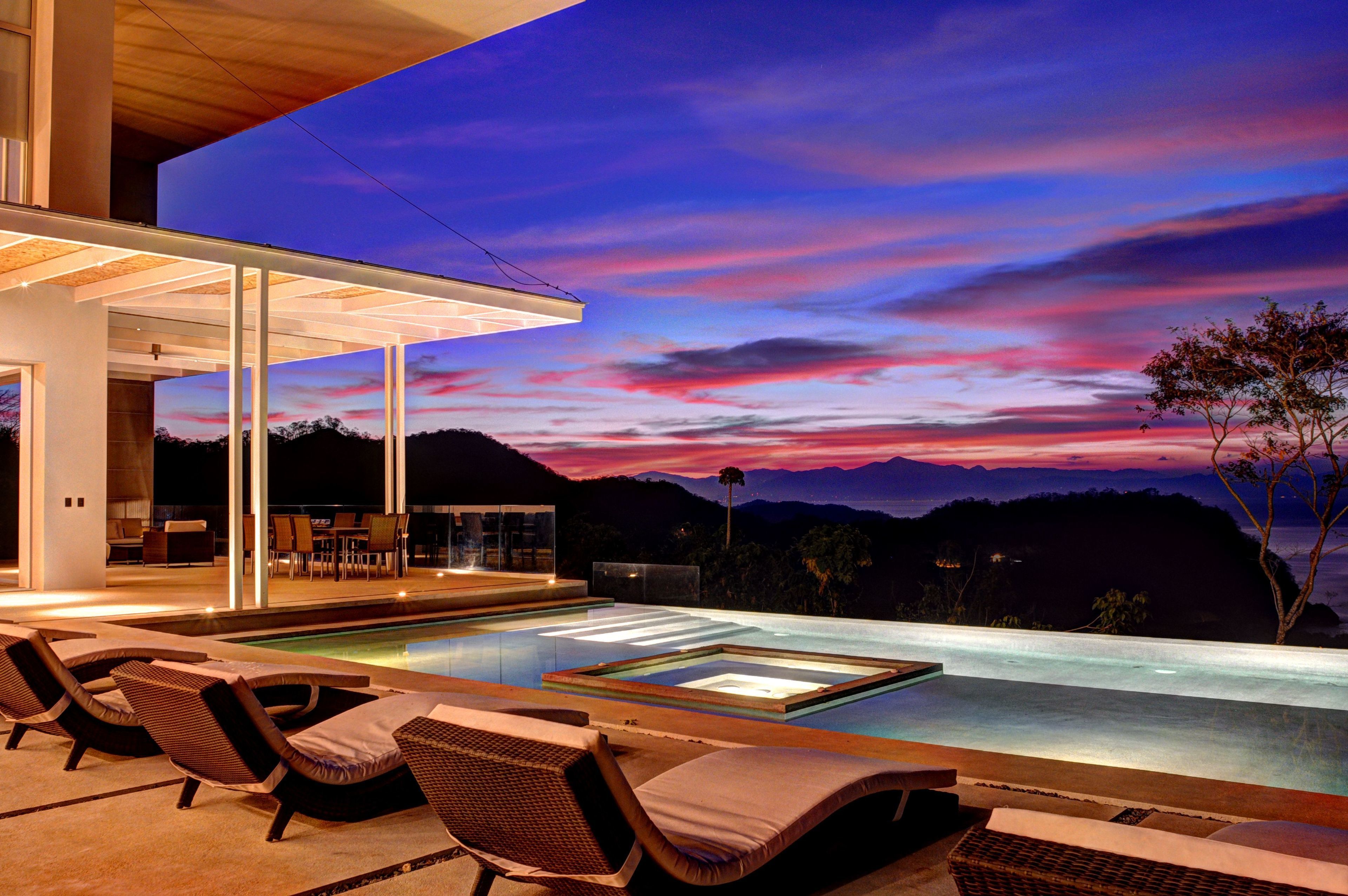 Outdoor pool, pool umbrellas, pool loungers