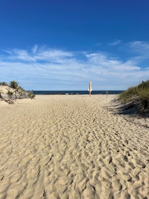 On the beach, sun loungers