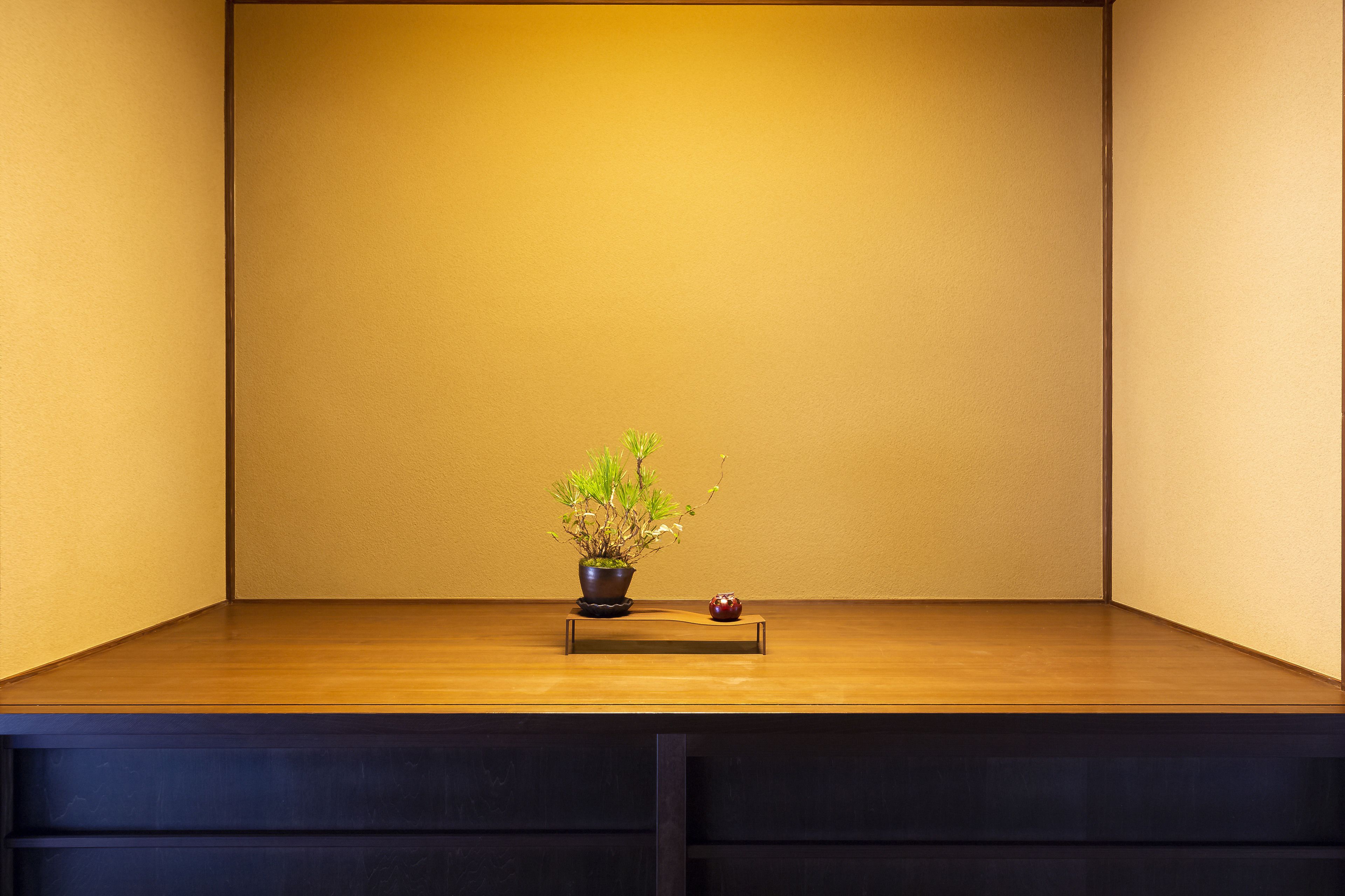 A minimalist room with a wooden desk, a potted plant, and a small decorative item.