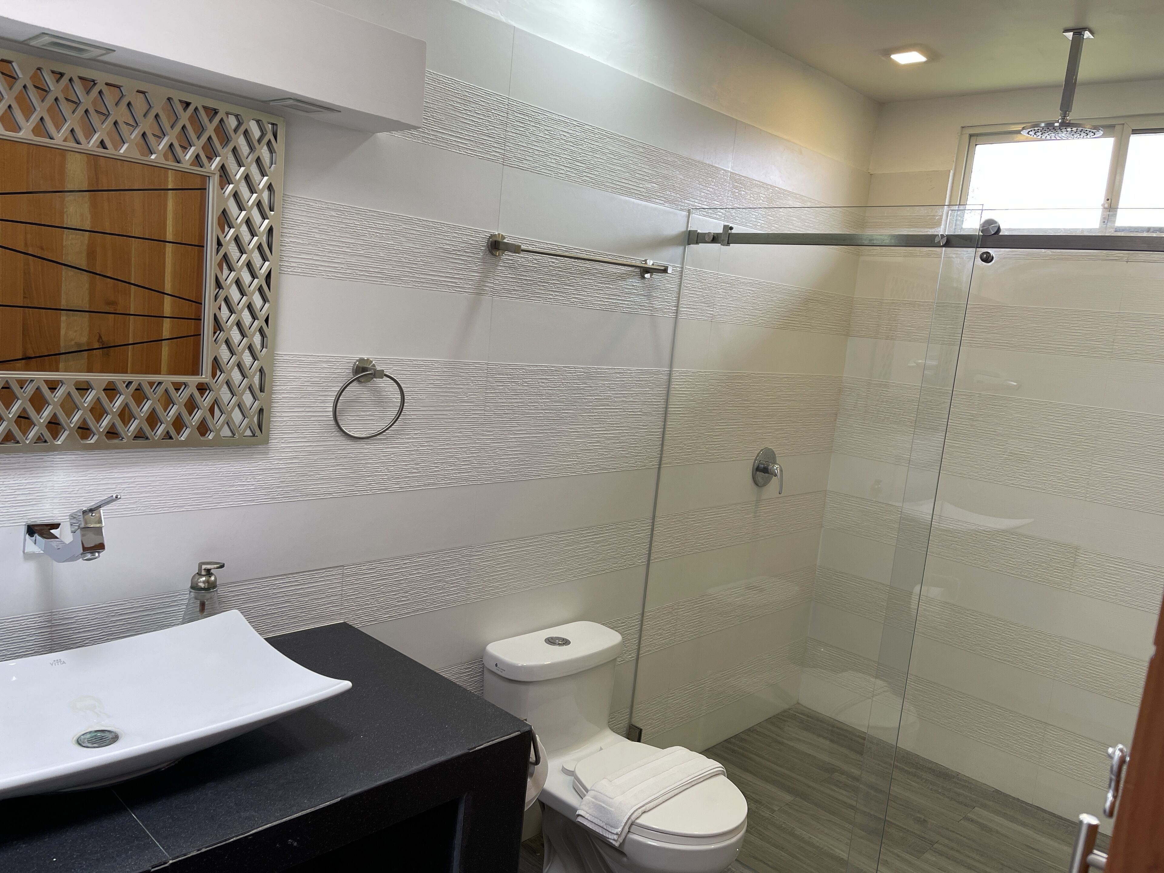 A modern bathroom with a glass-enclosed shower, a white sink, and a toilet.