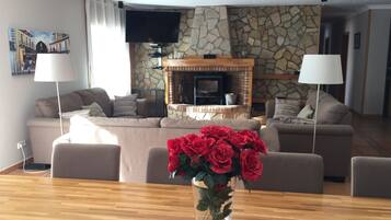 Televisie, een open haard en een dvd-speler