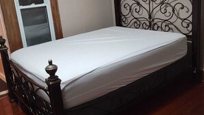 A bedroom with a bed, a window, a curtain, and a painting on the wall. - COZY HOME- Located on a quiet Worthy Street with a home in its own compound. (Springfield)