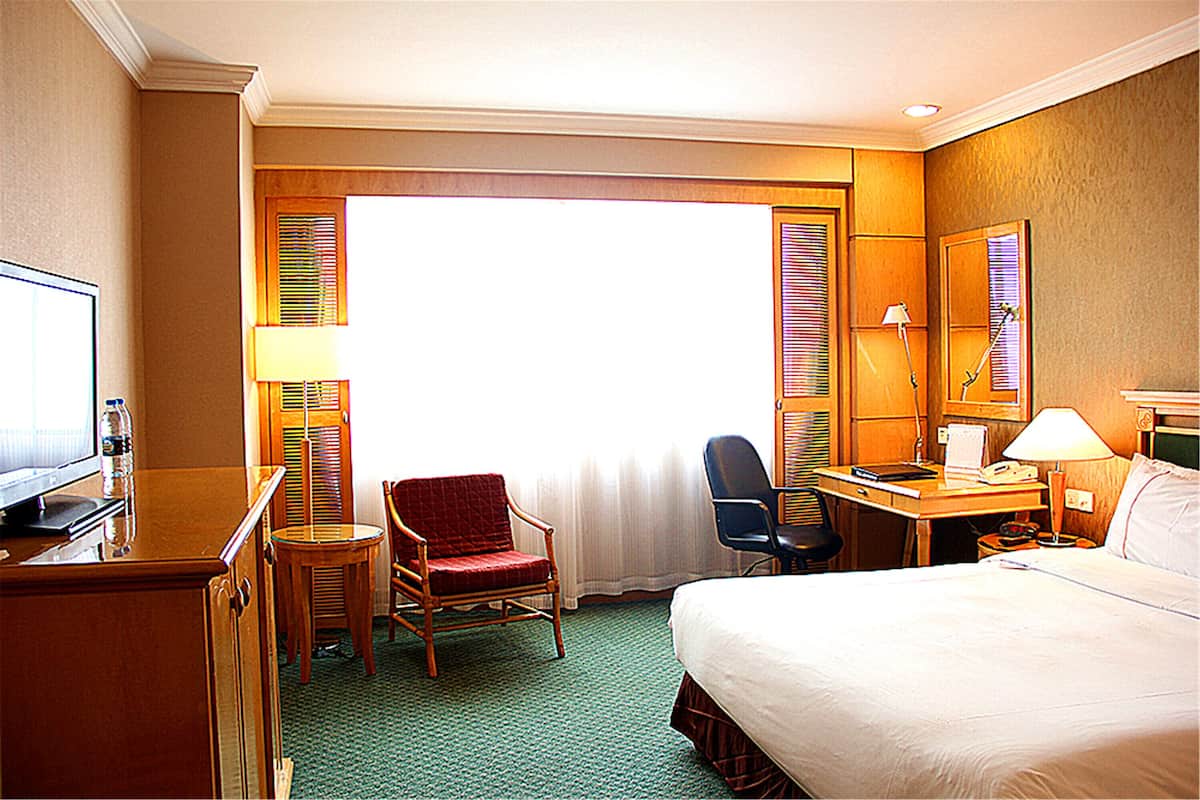 Habitación de hotel con cama, escritorio, silla, televisor y ventana con persianas.