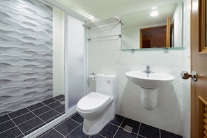 Shower, free toiletries, hair dryer, slippers